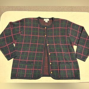 Croft & Barrow Cardigan with Gold Buttons. Red and Green plaid pattern size XL
